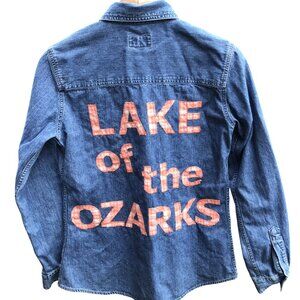 Women's Applique Denim Shirt: Upcycled Lightweight Lake of the Ozarks Top, Small